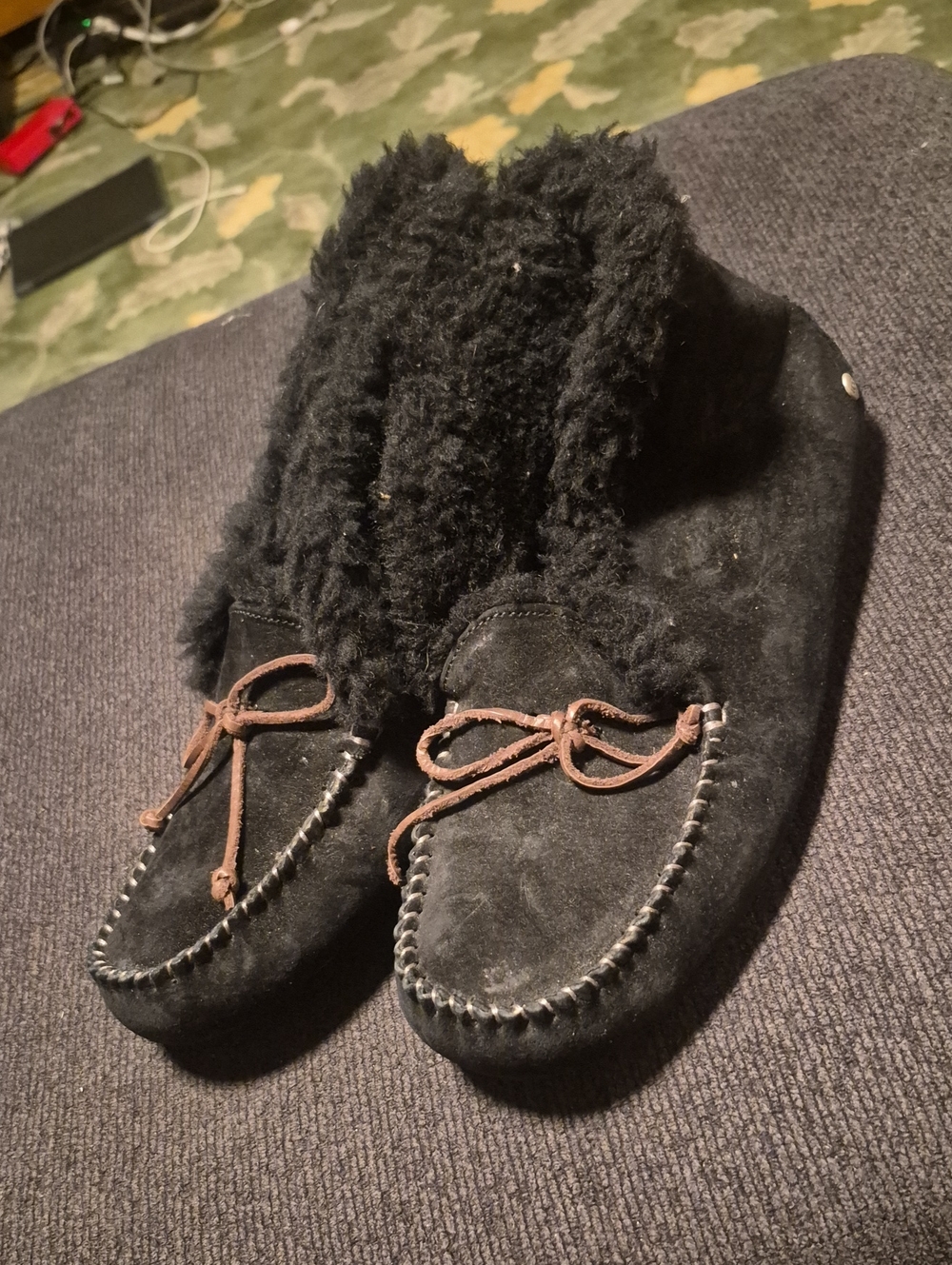 UGG Black Suede Shearling-Lined Moccasin Slippers with Brown Tie